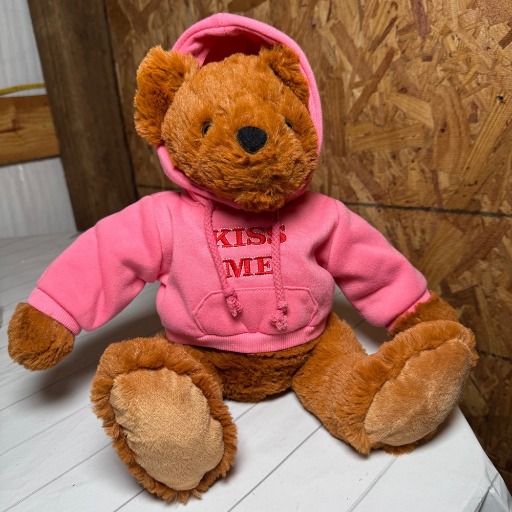 "Kiss Me" Plush Teddy Bear in Pink Hoodie Outfit 12" Valentine's Romance Gift - Picture 1 of 5